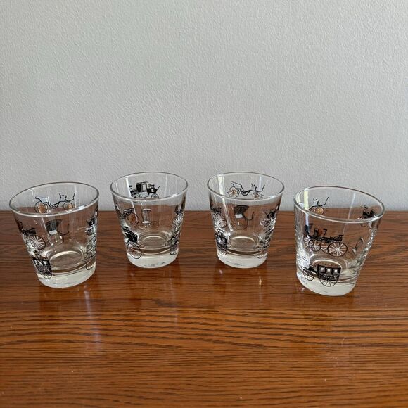 Set Of 4 Vintage MC Libbey Horseless Carriage Whisky Rocks Glasses Retro Barware - Picture 1 of 7